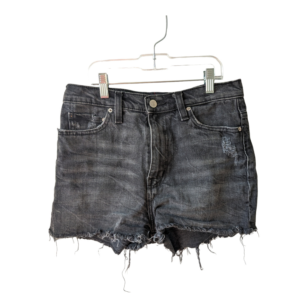 BDG Sz 27 Girlfriend High Rise Denim Shorts Black Distressed Frayed Hem Stretch